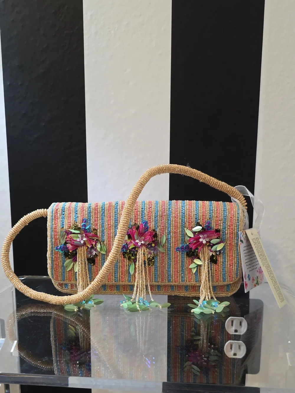 Beaded Multicolor Floral Tassel Crossbody Clutch